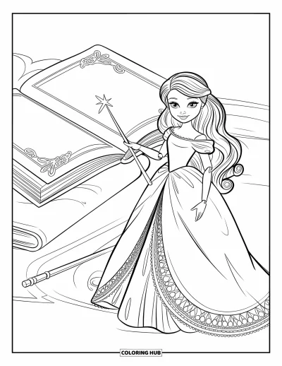 Dibujo para colorear de muñecas para niños: Una muñeca con un vestido de encaje sostiene una varita junto a un libro de cuentos
