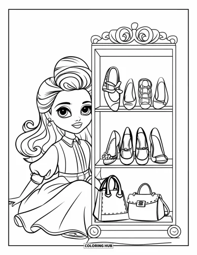 Dibujo para colorear de muñecas para niños: Una muñeca con un vestido rosa está de pie junto a un estante de lindos zapatos y bolsos