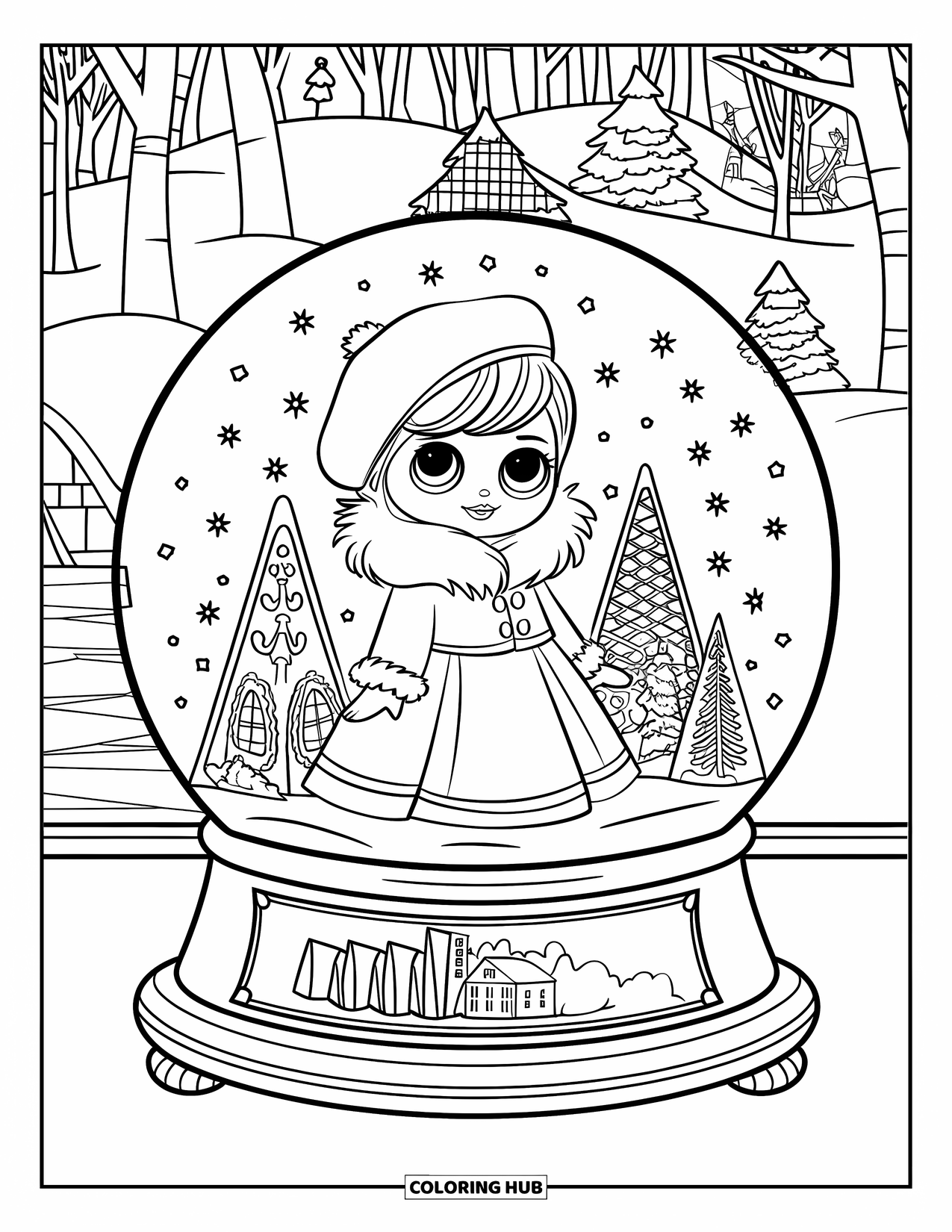 Disegno di una bambola da colorare per bambini: Una bambola in un abito rosso e un berretto è in piedi in una palla di neve piena di edifici di pan di zenzero