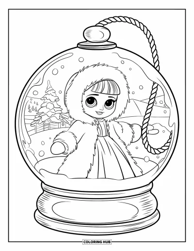 Dibujo para colorear de muñecas para niños: Una muñeca con un vestido rojo está de pie dentro de una bola de nieve con árboles y edificios nevados