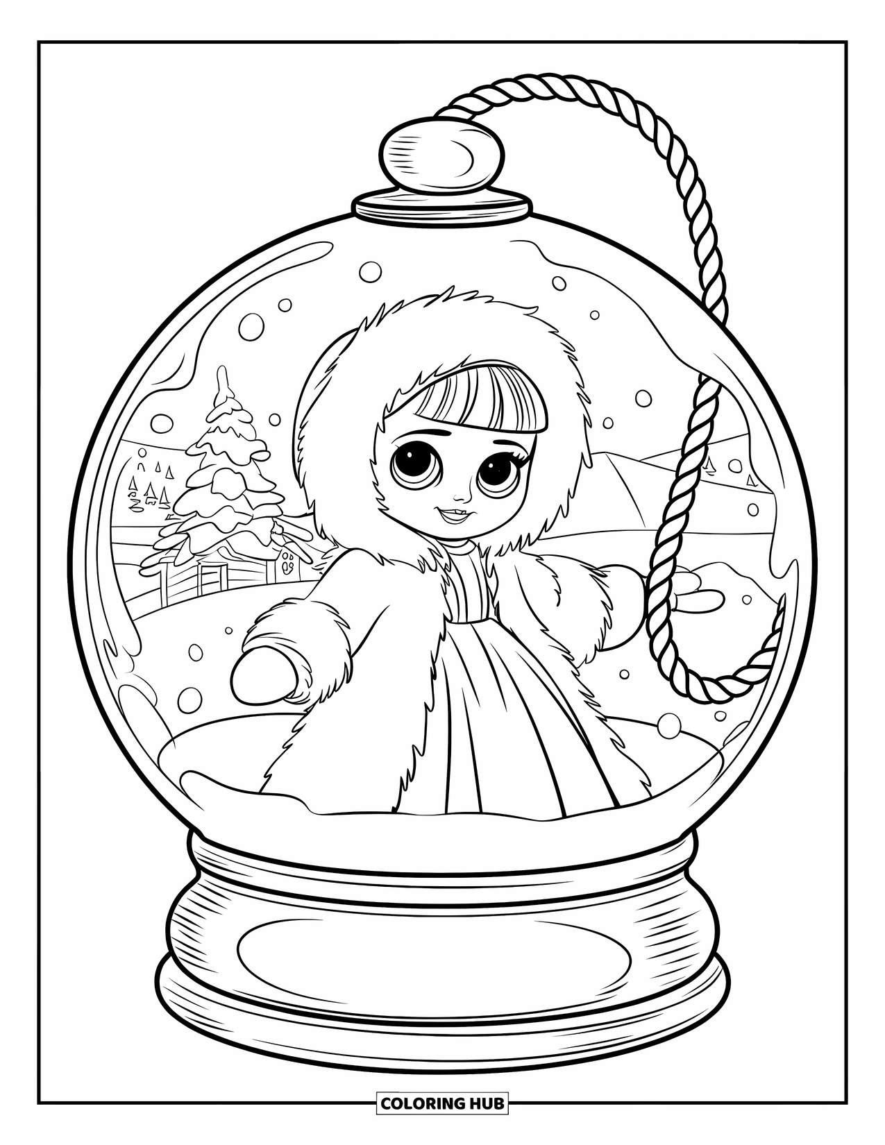 Disegno di una bambola da colorare per bambini: Una bambola in abito rosso è dentro una palla di neve con alberi ed edifici innevati