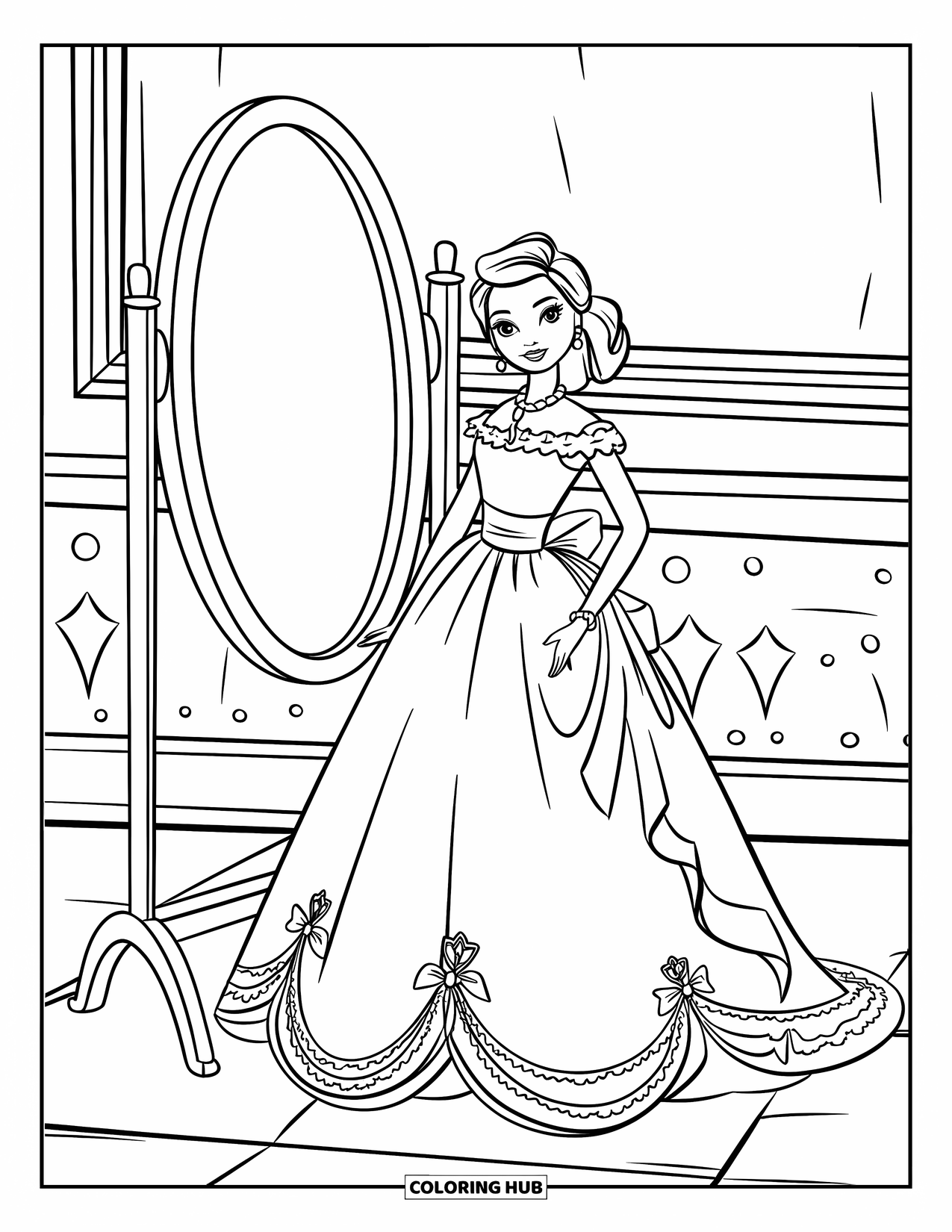 Disegno di una bambola da colorare per bambini: Una bambola in abito bianco con accenti rosa posa accanto a una toeletta a tre specchi