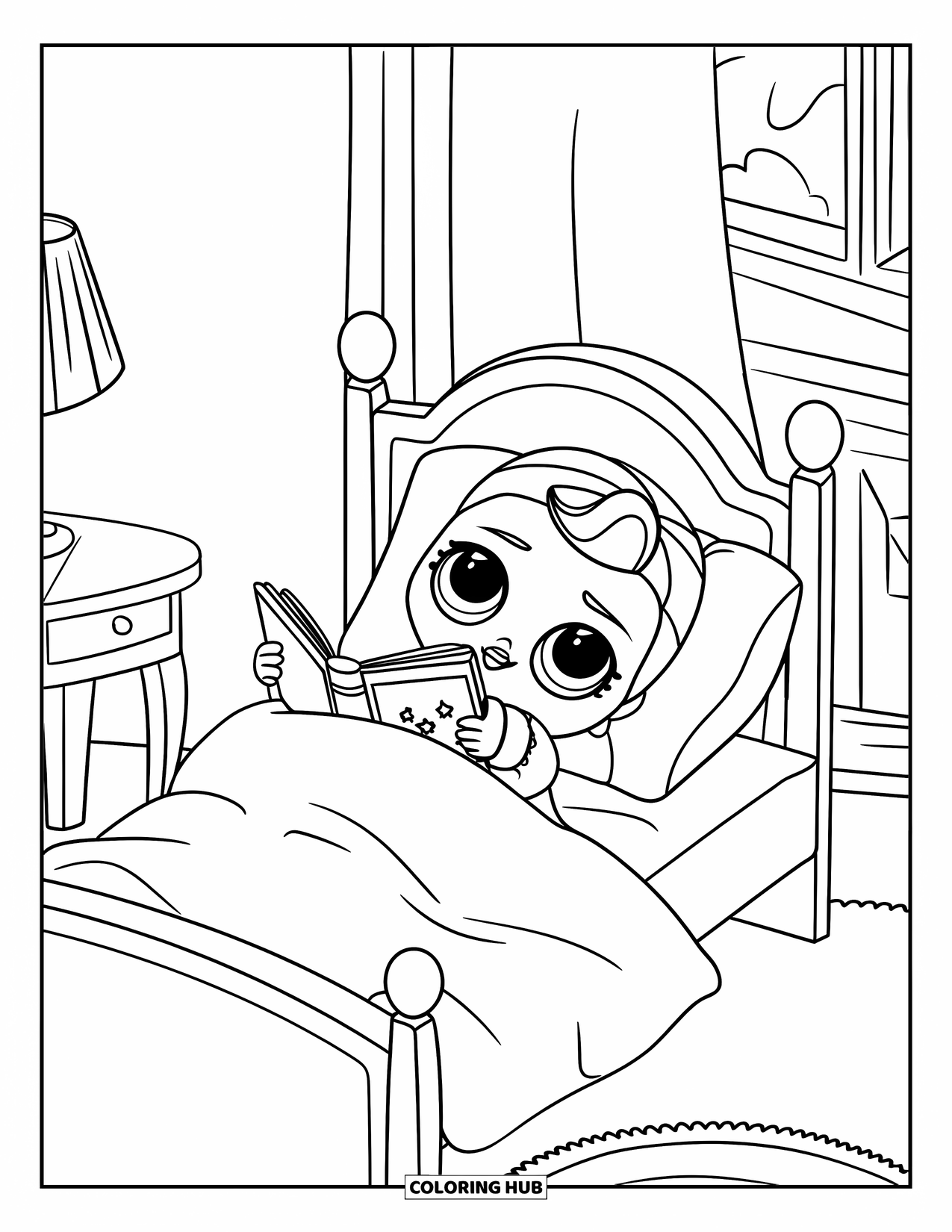 Disegno di una bambola da colorare per bambini: Una bambola in pigiama legge a letto vicino a una lampada e una finestra