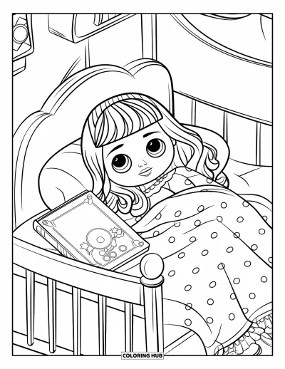 Dibujo para colorear de muñecas para niños: Una muñeca en pijama de lunares se relaja en la cama con un libro de cuentos y una decoración suave