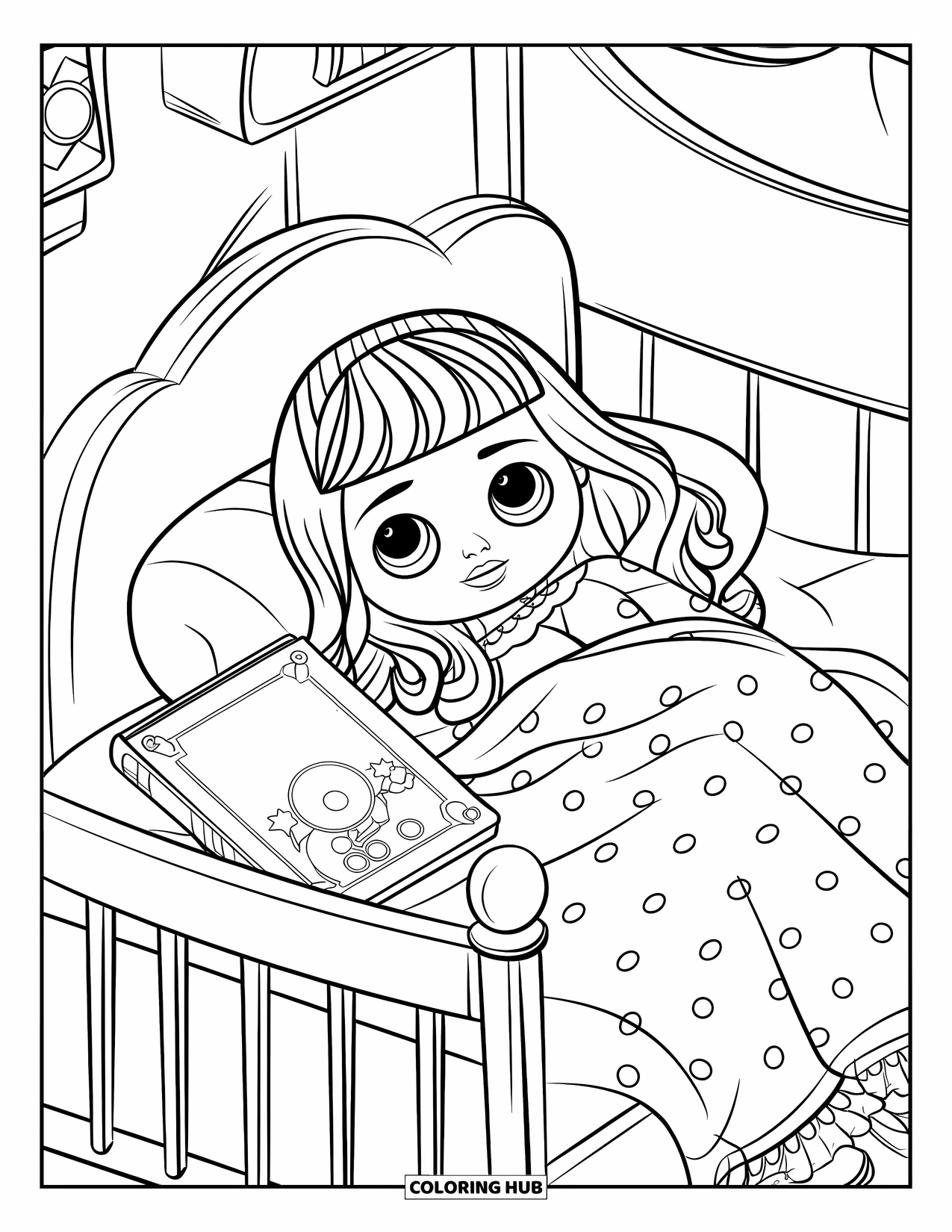 Disegno di una bambola da colorare per bambini: Una bambola in pigiama a pois si rilassa a letto con un libro di fiabe e un arredamento morbido
