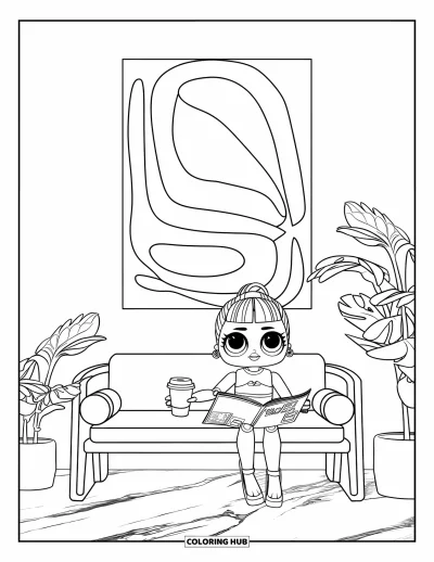 Dibujo para colorear de muñecas para niños: Una muñeca descansa en un sofá con plantas en macetas y arte abstracto en la pared cerca
