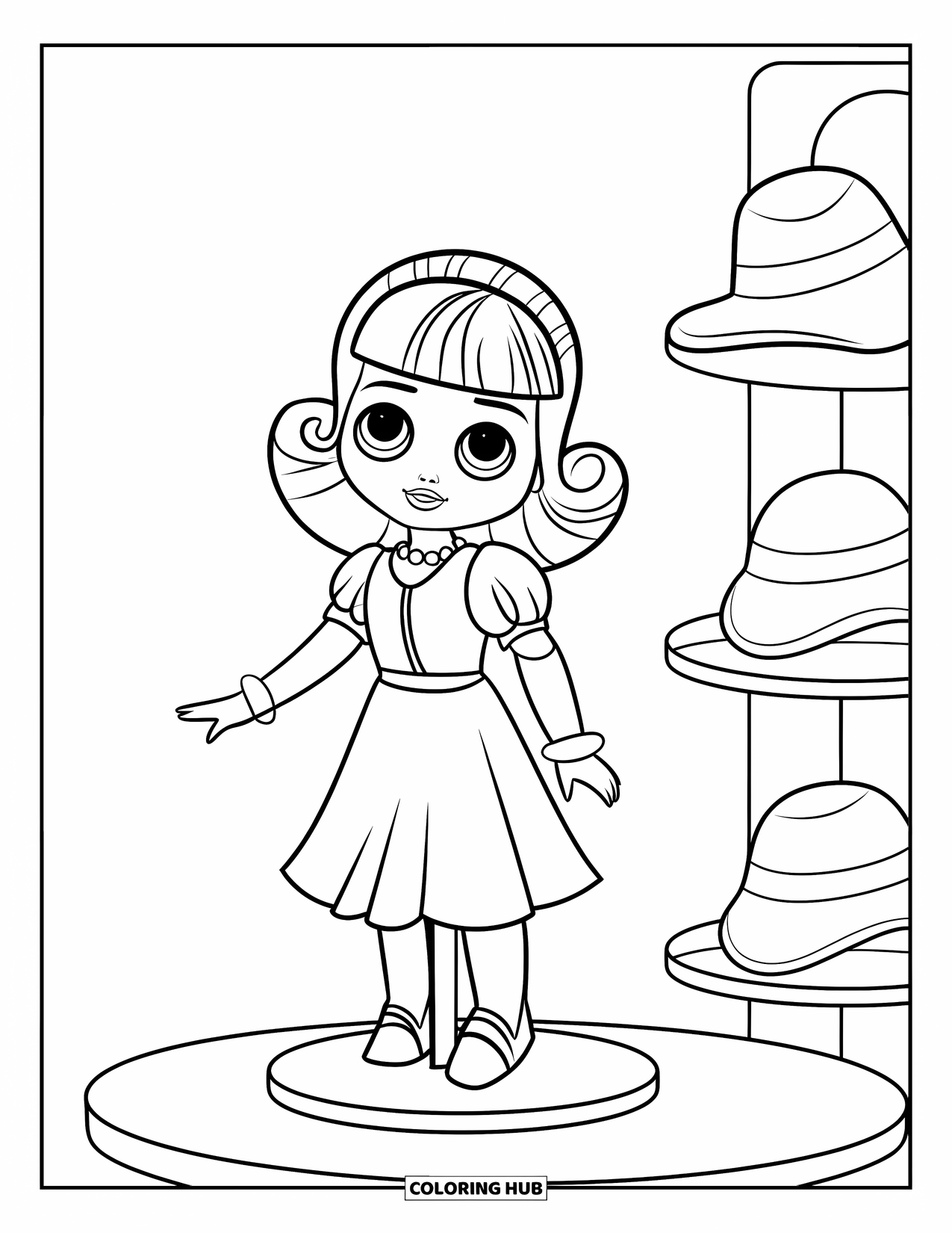 Disegno di una bambola da colorare per bambini: Una bambola su un espositore posa accanto a uno scaffale pieno di cappelli