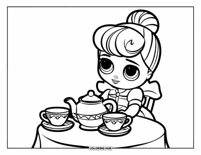 Dibujo para colorear de muñecas para niños: Una muñeca juega a la hora del té con una tetera diminuta y dos tazas a juego