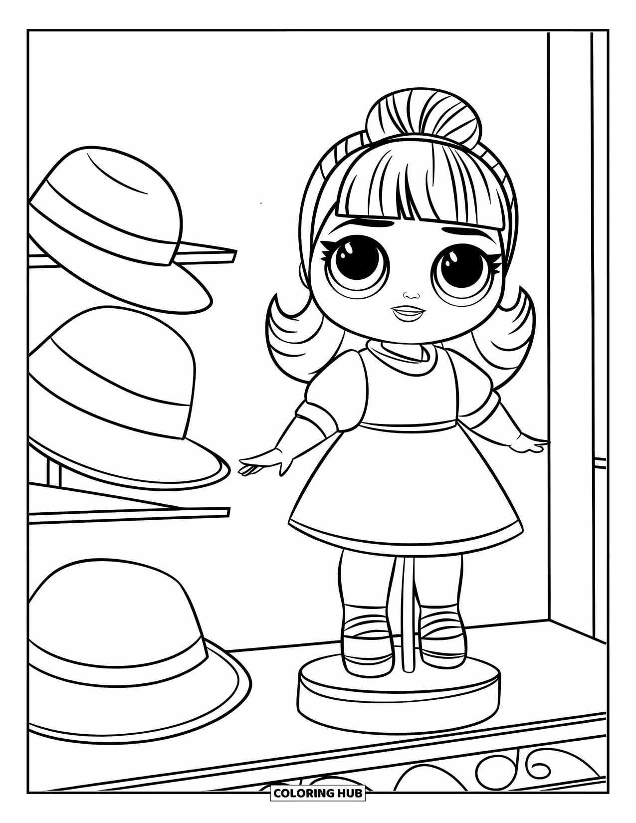 Disegno di una bambola da colorare per bambini: Una bambola posa accanto a uno scaffale di cappelli, pronta a provare diversi stili