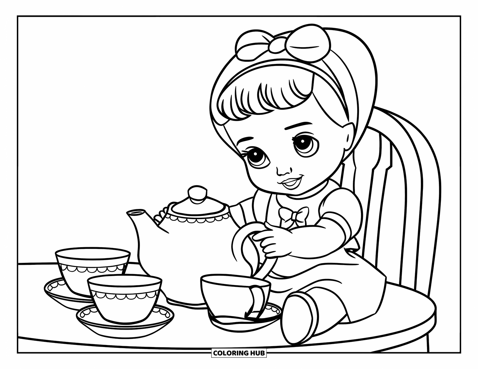 Disegno di una bambola da colorare per bambini: Una bambola versa il tè a un tavolo con due tazze e una teiera