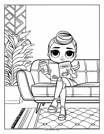Dibujo para colorear de muñecas para niños: Una muñeca con una taza de café y una revista se sienta en un sofá en una habitación elegante