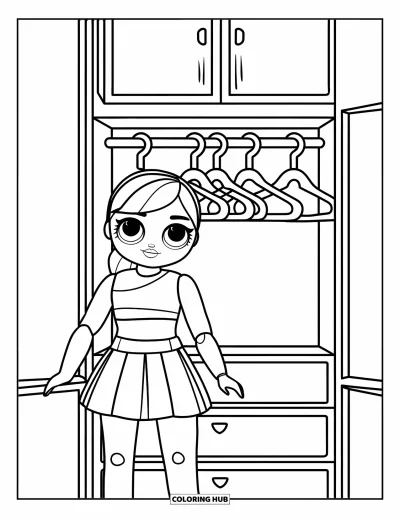 Dibujo para colorear de muñecas para niños: Una muñeca con una falda verde está de pie frente a una pared y un mini armario
