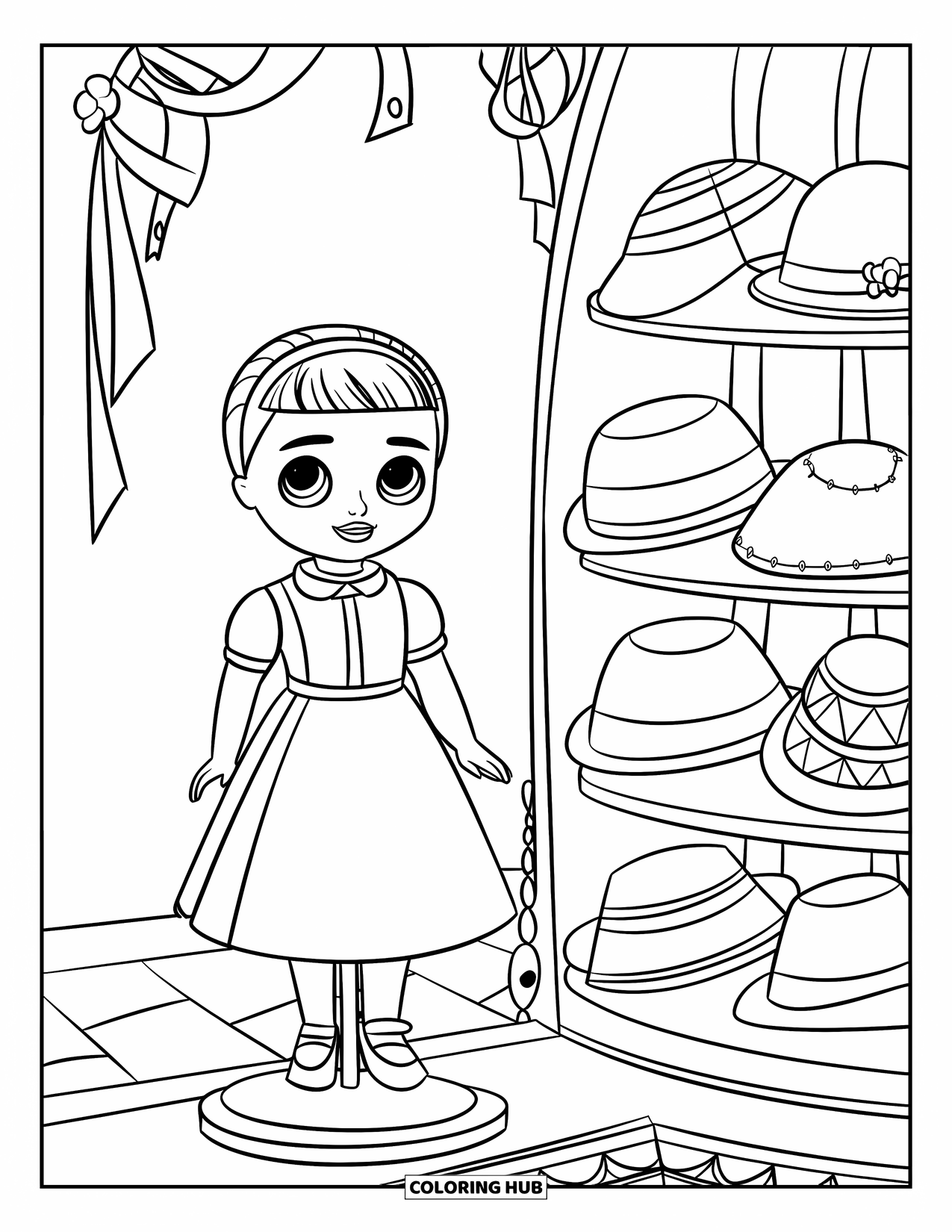 Disegno di una bambola da colorare per bambini: Una bambola con un colletto bianco è vicino a uno scaffale di cappelli e nastri fantasia