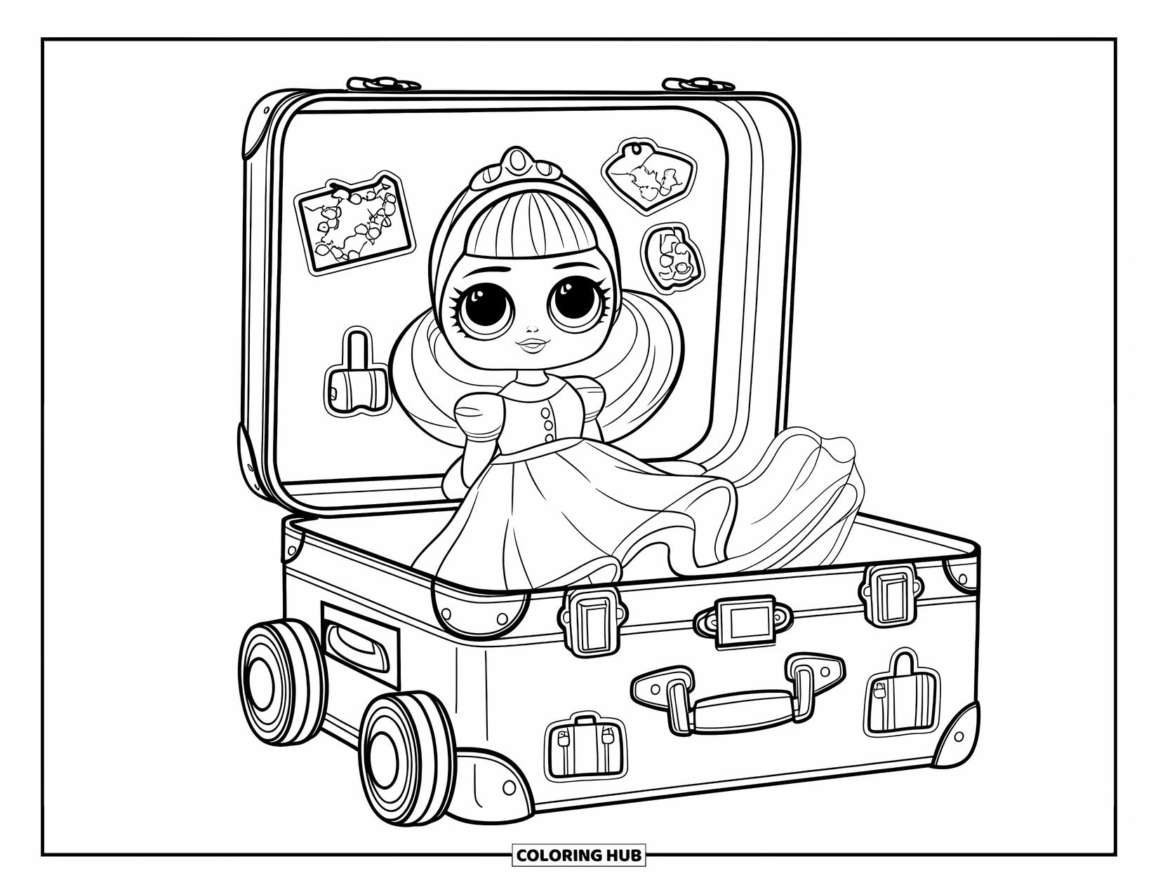 Disegno di una bambola da colorare per bambini: Una bambola con i capelli biondi è seduta in una valigia da viaggio ricoperta di adesivi sopra una valigia