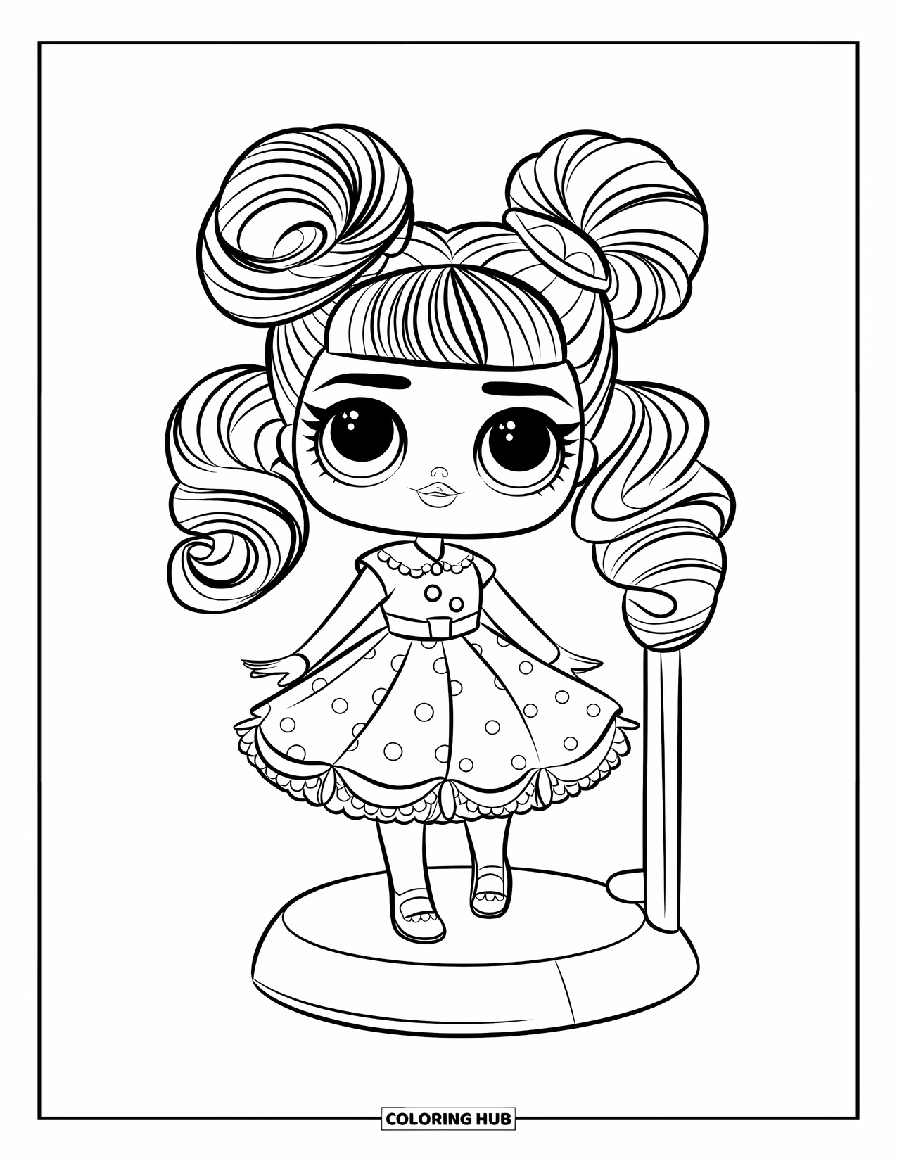 Disegno di una bambola da colorare per bambini: Una bambola con chignon ricci è in piedi su un espositore, mostrando i suoi occhi espressivi