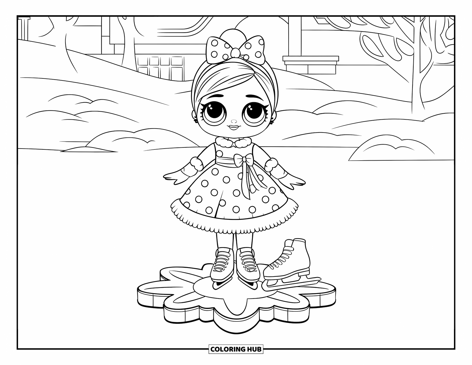Disegno di una bambola da colorare per bambini: Una bambola con guanti e una fascia rossa è in piedi su un terreno innevato con alberi ed edifici