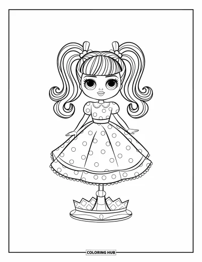 Dibujo para colorear de muñecas para niños: Una muñeca con coletas altas y cintas está de pie en un soporte giratorio con forma de corona