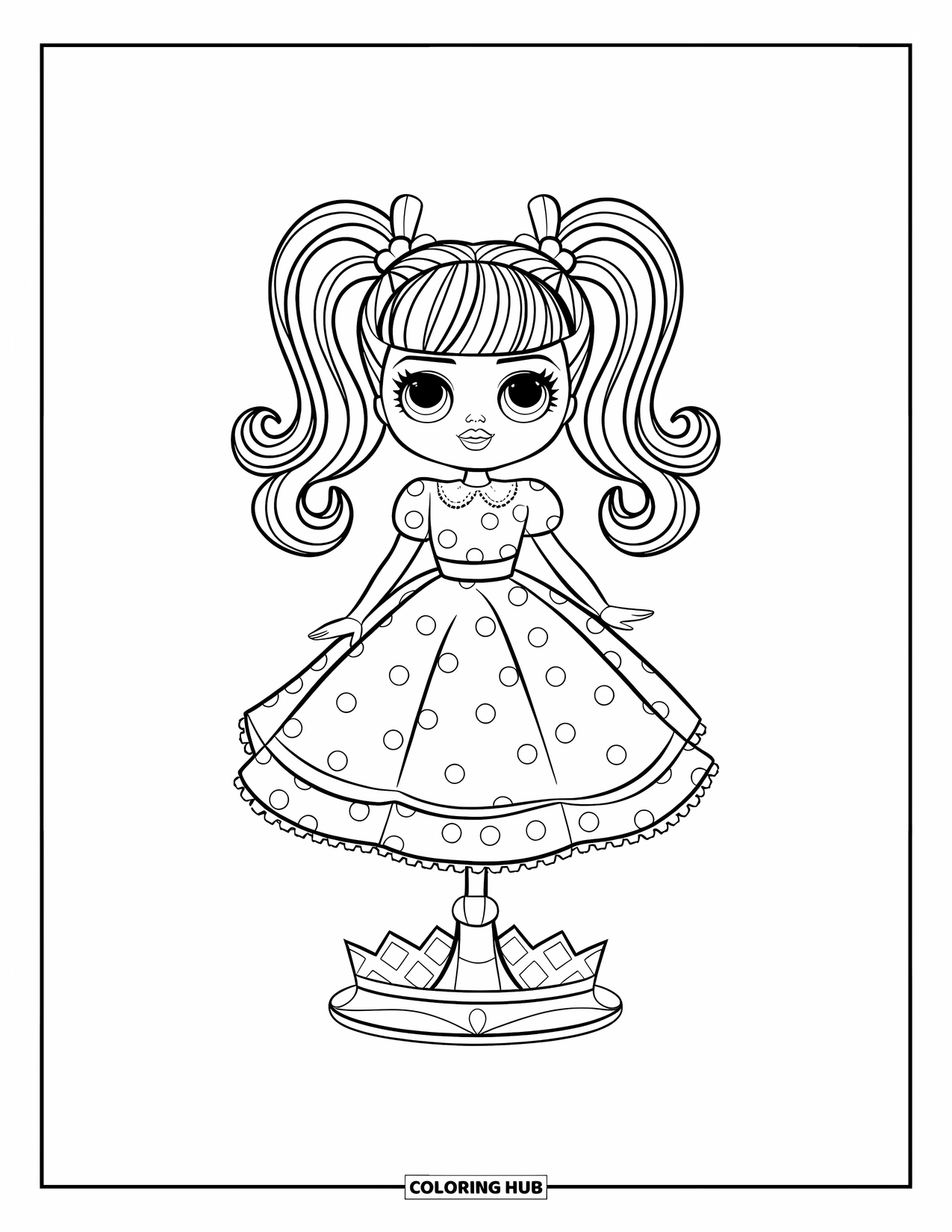 Disegno di una bambola da colorare per bambini: Una bambola con alti codini e nastri è in piedi su un supporto girevole a forma di corona