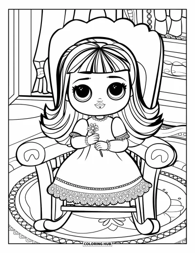 Dibujo para colorear de muñecas para niños: Una muñeca con pelo largo se sienta en una mecedora con una flor en la mano