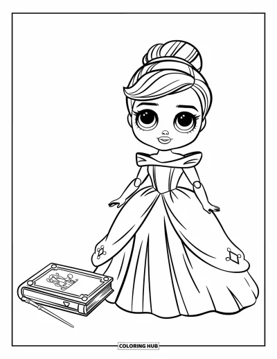 Dibujo para colorear de muñecas para niños: Una muñeca de cuento de hadas con un vestido está de pie junto a una varita y un libro de cuentos cerrado