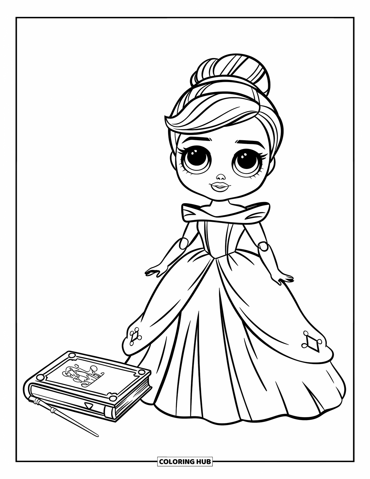 Disegno di una bambola da colorare per bambini: Una bambola da favola in abito da sera è accanto a una bacchetta e un libro di fiabe chiuso