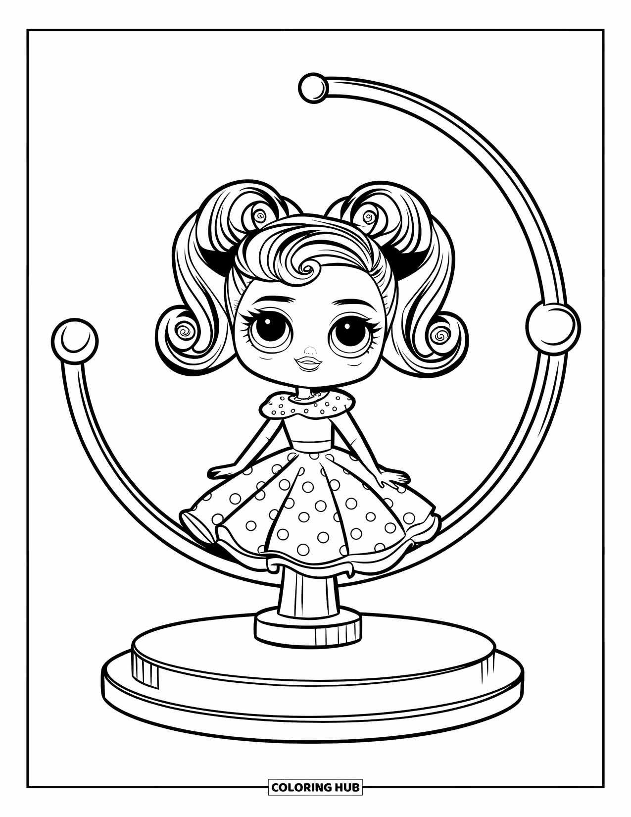 Disegno di una bambola da colorare per bambini: Una bambola alla moda a pois è su un espositore girevole con capelli ricci