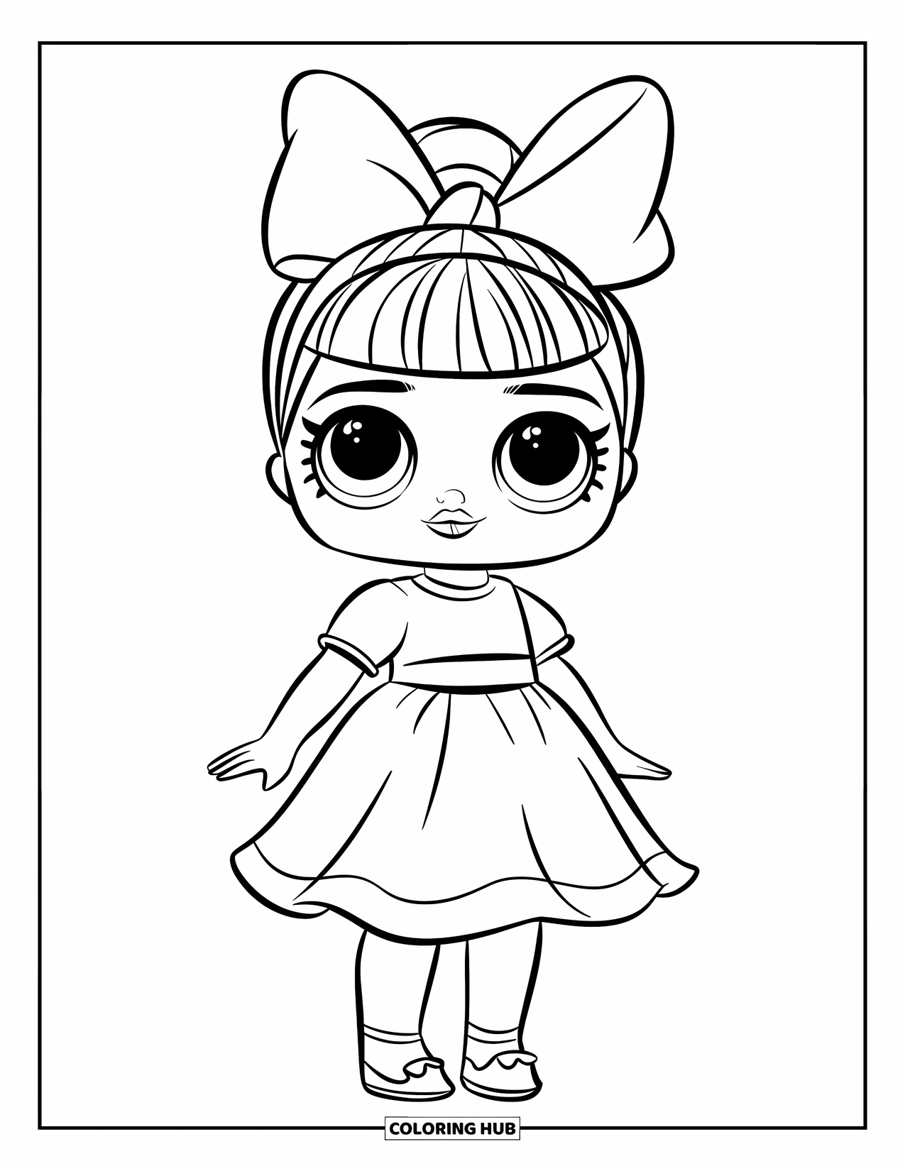 Disegno di una bambola da colorare per bambini: Una bambola alla moda con un grande fiocco è in piedi allegramente in un semplice vestito