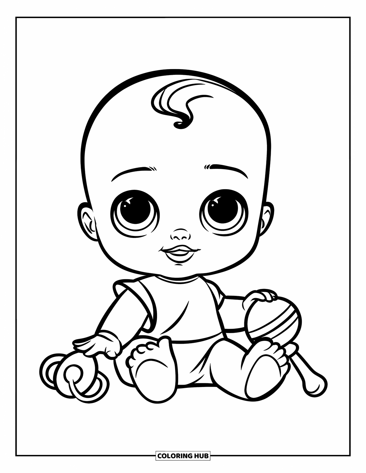 Disegno di una bambola da colorare per bambini: Una bambola neonata felice è seduta con un ciuccio e un sonaglio nelle vicinanze