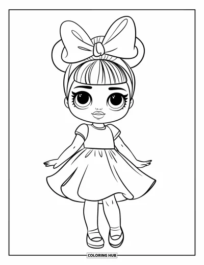 Dibujo para colorear de muñecas para niños: Una muñeca feliz con un vestido está de pie con un gran lazo en la cabeza