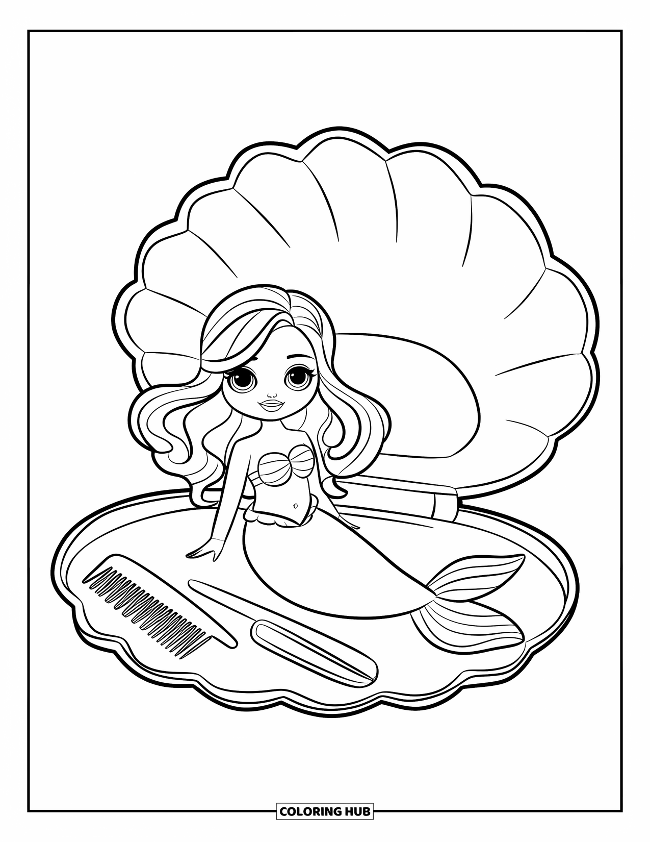 Disegno di una bambola da colorare per bambini: Una bambola sirena riposa in un guscio accanto a uno specchio e un pettine