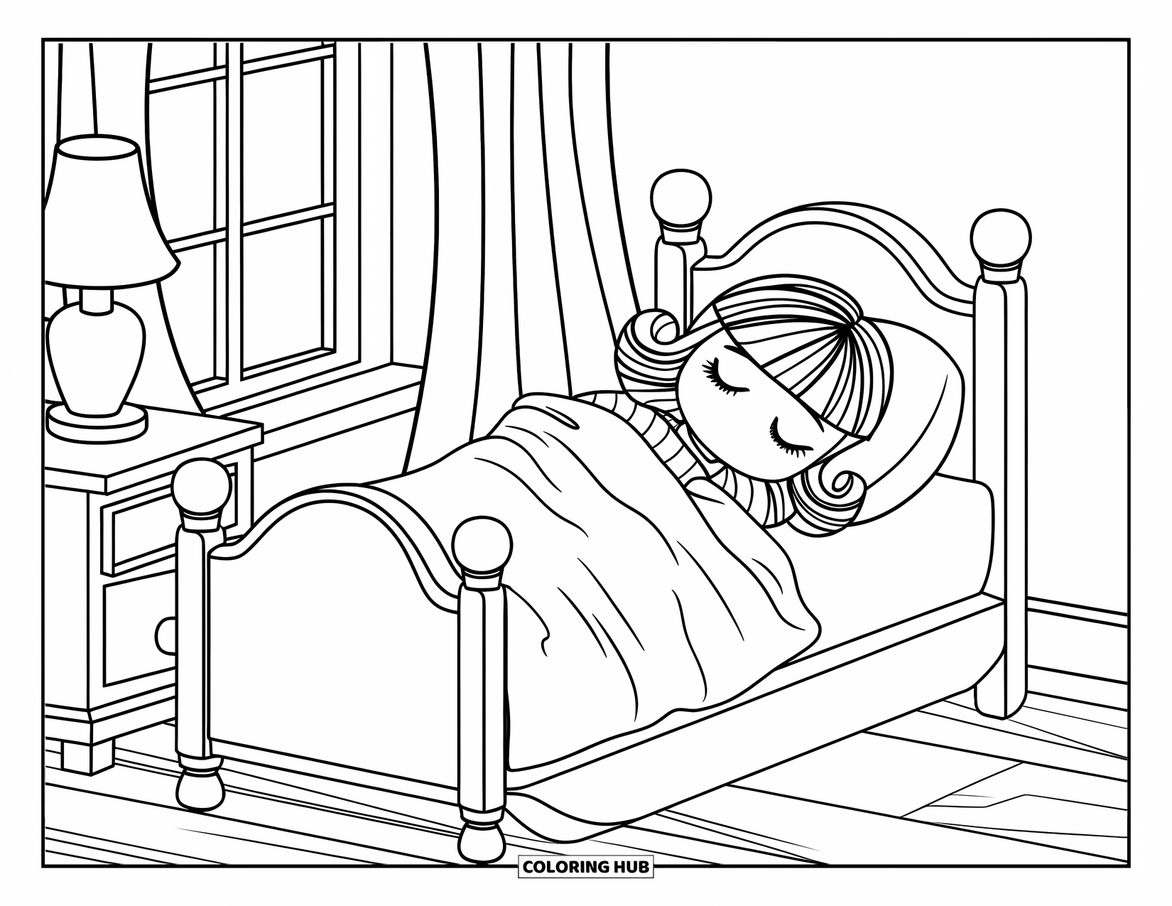 Disegno di una bambola da colorare per bambini: Una bambola serena in pigiama dorme a letto accanto a un comodino e una lampada