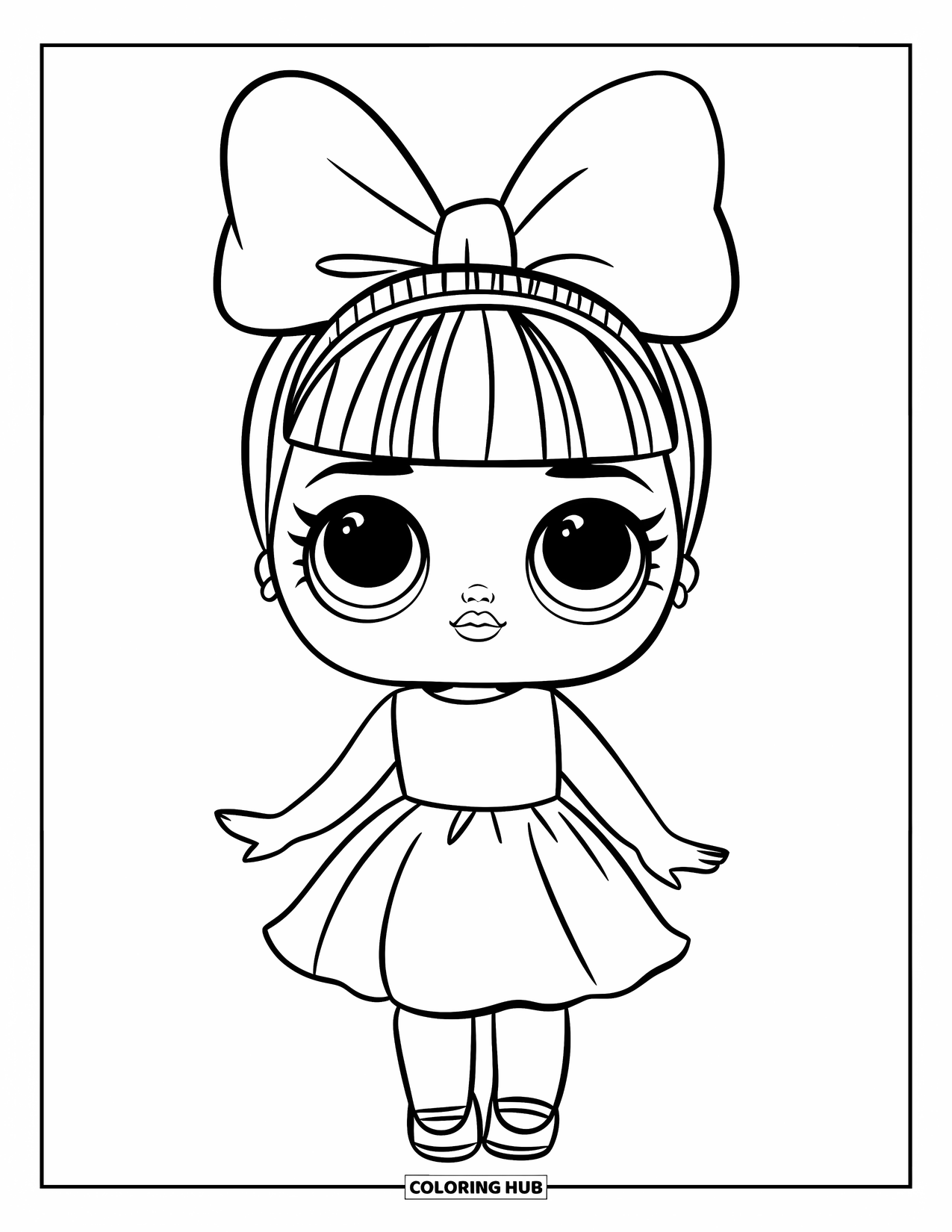 Disegno di una bambola da colorare per bambini: Una bambola giocosa con un grande fiocco posa nel suo semplice vestito