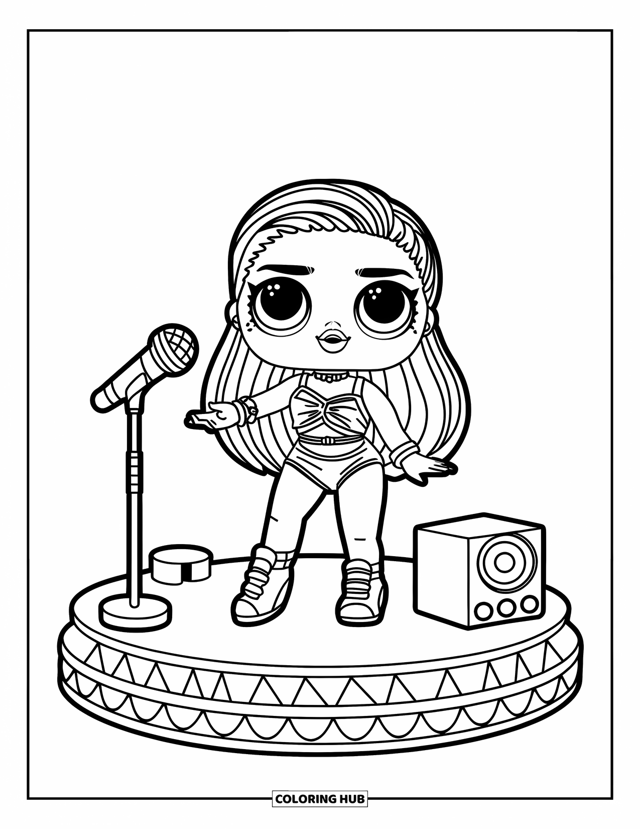 Disegno di una bambola da colorare per bambini: Una bambola pop star canta su un palco con altoparlanti e un'asta per microfono