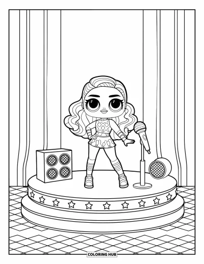 Dibujo para colorear de muñecas para niños: Una muñeca estrella del pop con pelo rizado está de pie en el escenario con altavoces y un micrófono