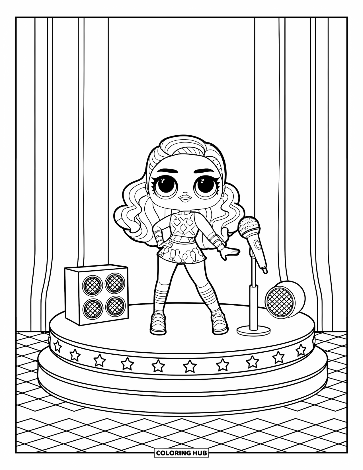 Disegno di una bambola da colorare per bambini: Una bambola pop star con capelli ricci è in piedi sul palco con altoparlanti e un microfono
