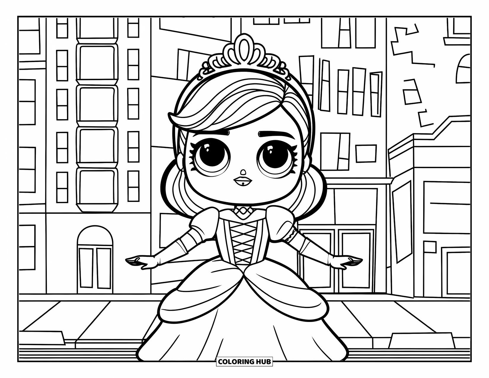 Disegno di una bambola da colorare per bambini: Una bambola in stile principessa è in piedi davanti ad alti edifici giocattolo indossando un abito e una corona