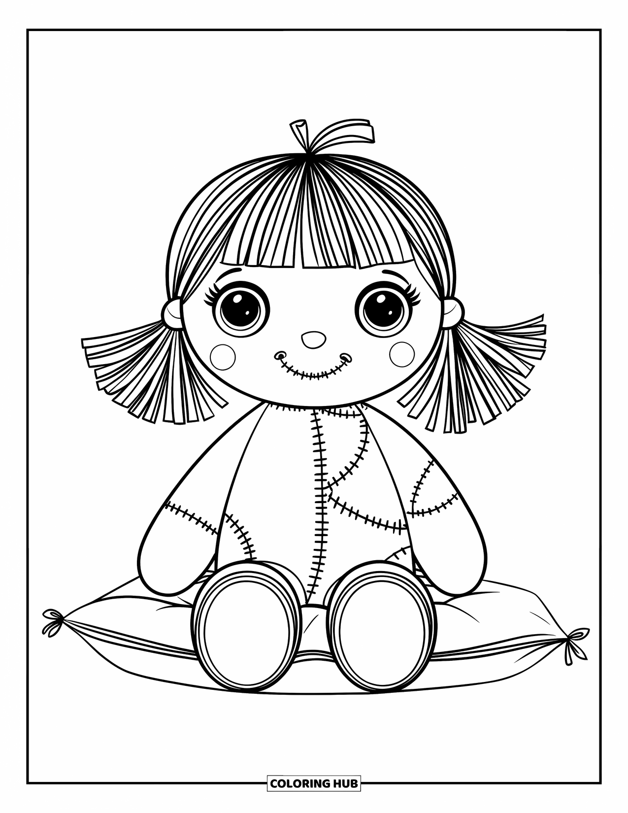Disegno di una bambola da colorare per bambini: Una bambola di pezza con occhi a bottone e un sorriso cucito è seduta tranquillamente su un cuscino