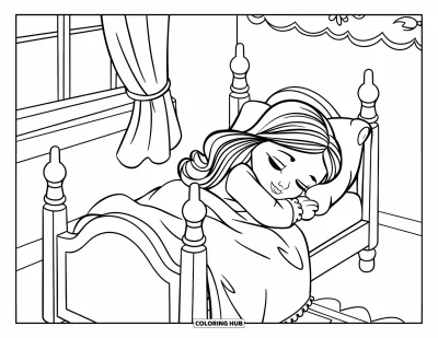 Dibujo para colorear de muñecas para niños: Una muñeca somnolienta en pijama está metida en la cama cerca de una ventana