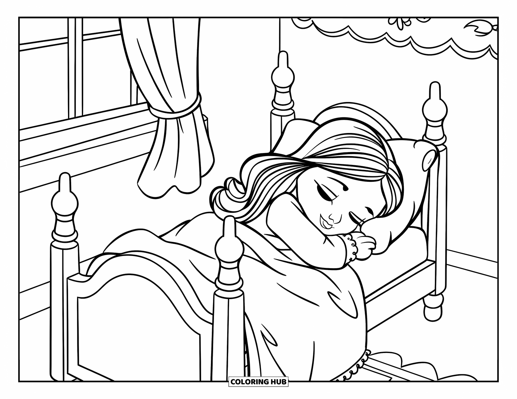 Disegno di una bambola da colorare per bambini: Una bambola assonnata in pigiama è rimboccata nel letto vicino a una finestra