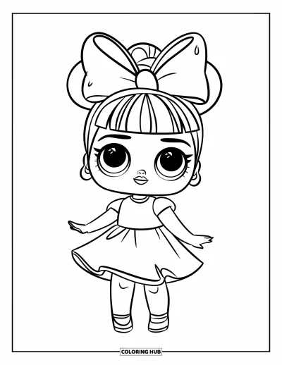 Dibujo para colorear de muñecas para niños: Una muñeca sonriente con un gran lazo está de pie con su vestido, lista para jugar