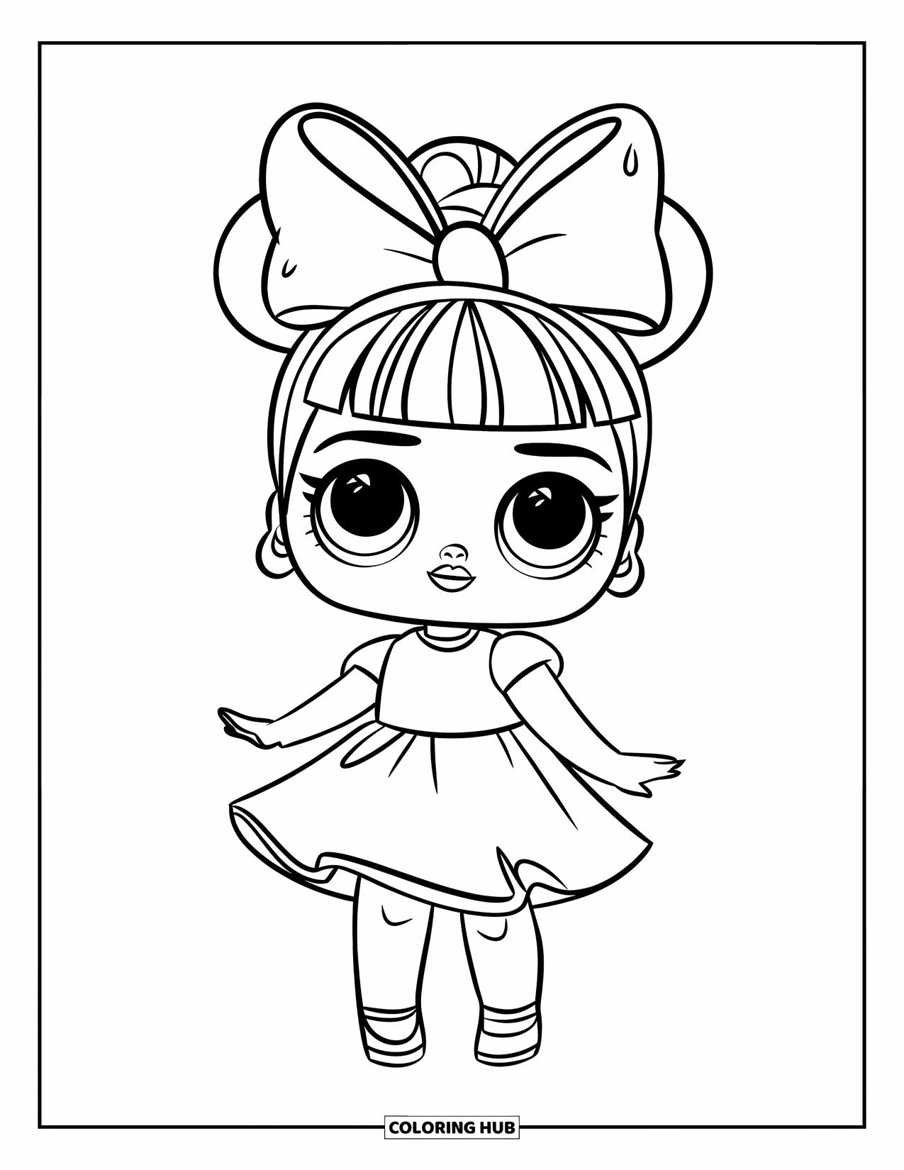 Disegno di una bambola da colorare per bambini: Una bambola sorridente con un grande fiocco è in piedi nel suo vestito, pronta a giocare