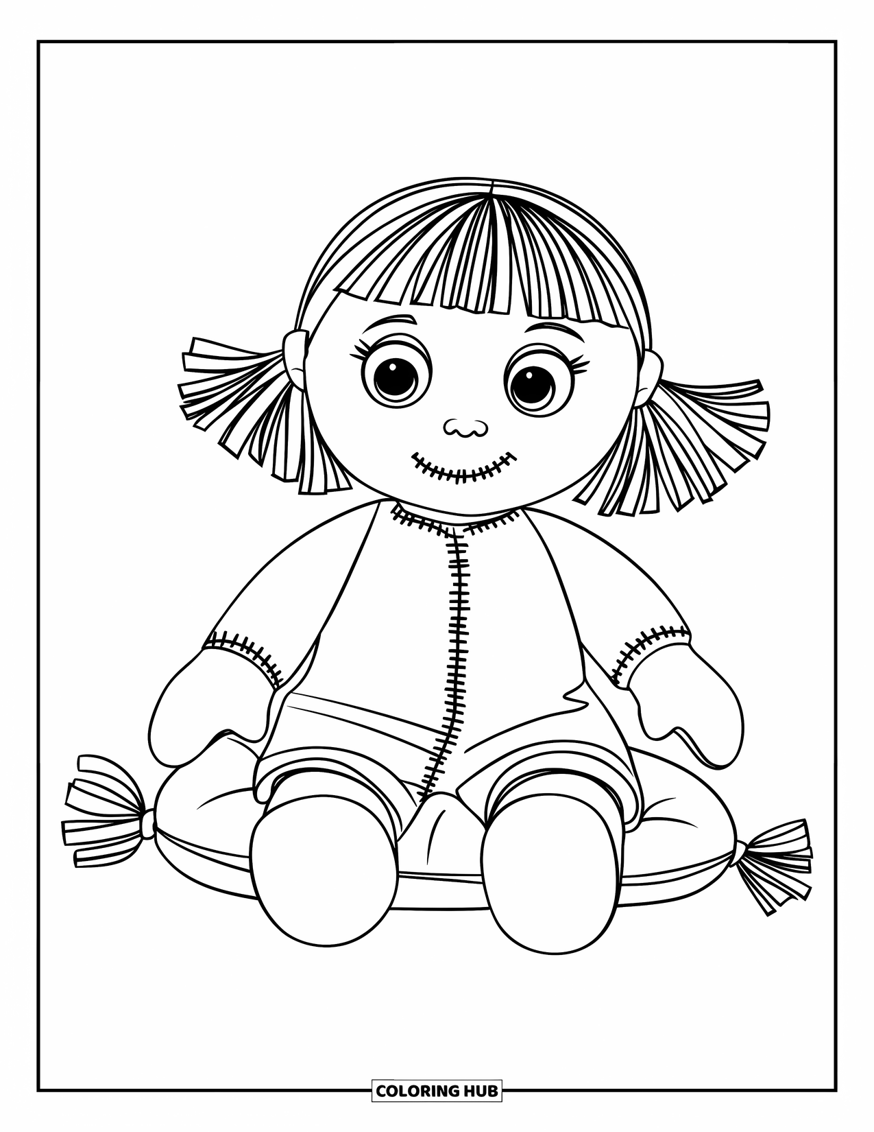 Disegno di una bambola da colorare per bambini: Una bambola di pezza cucita con occhi a bottone è seduta felicemente su un morbido cuscino