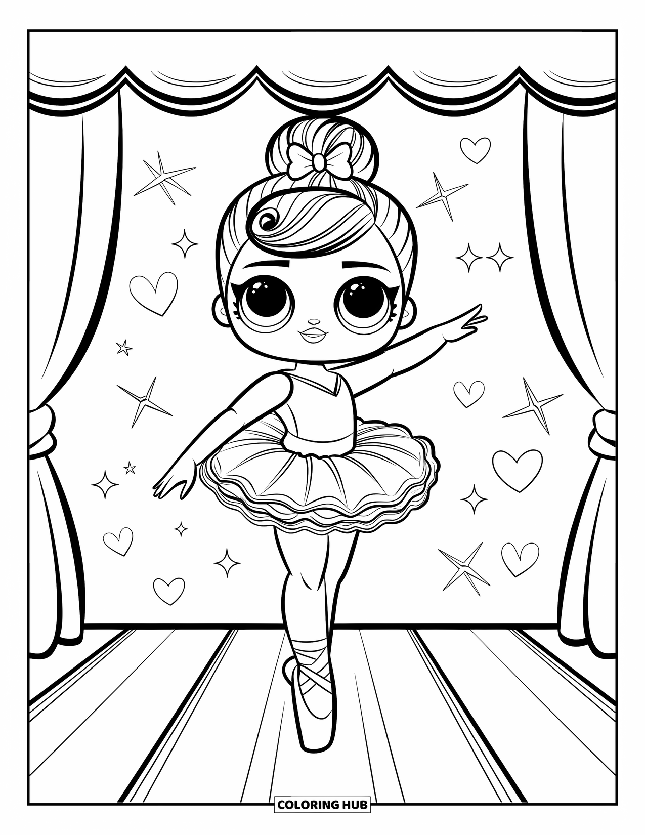 Disegno di una bambola da colorare per bambini: Una bambola ballerina con tutù volteggia sul palco con stelle e cuori intorno a lei