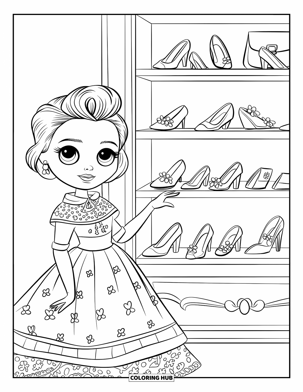 Disegno di una bambola da colorare per bambini: Una bambola in stile vintage è in piedi accanto a uno scaffale pieno di mini scarpe e borsette