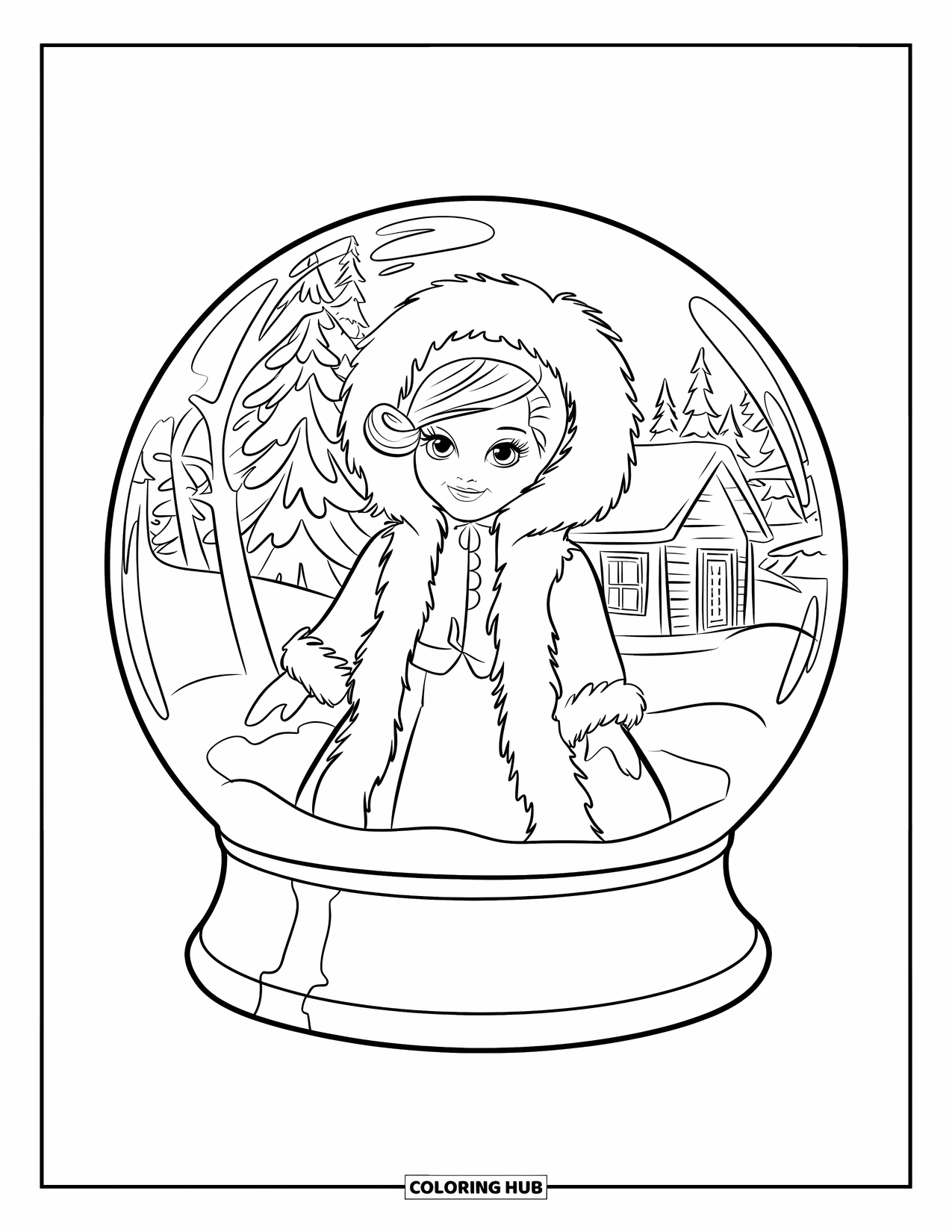 Disegno di una bambola da colorare per bambini: Una bambola invernale con un cappotto di pelliccia sintetica è dentro una scena di palla di neve con alberi e un cottage