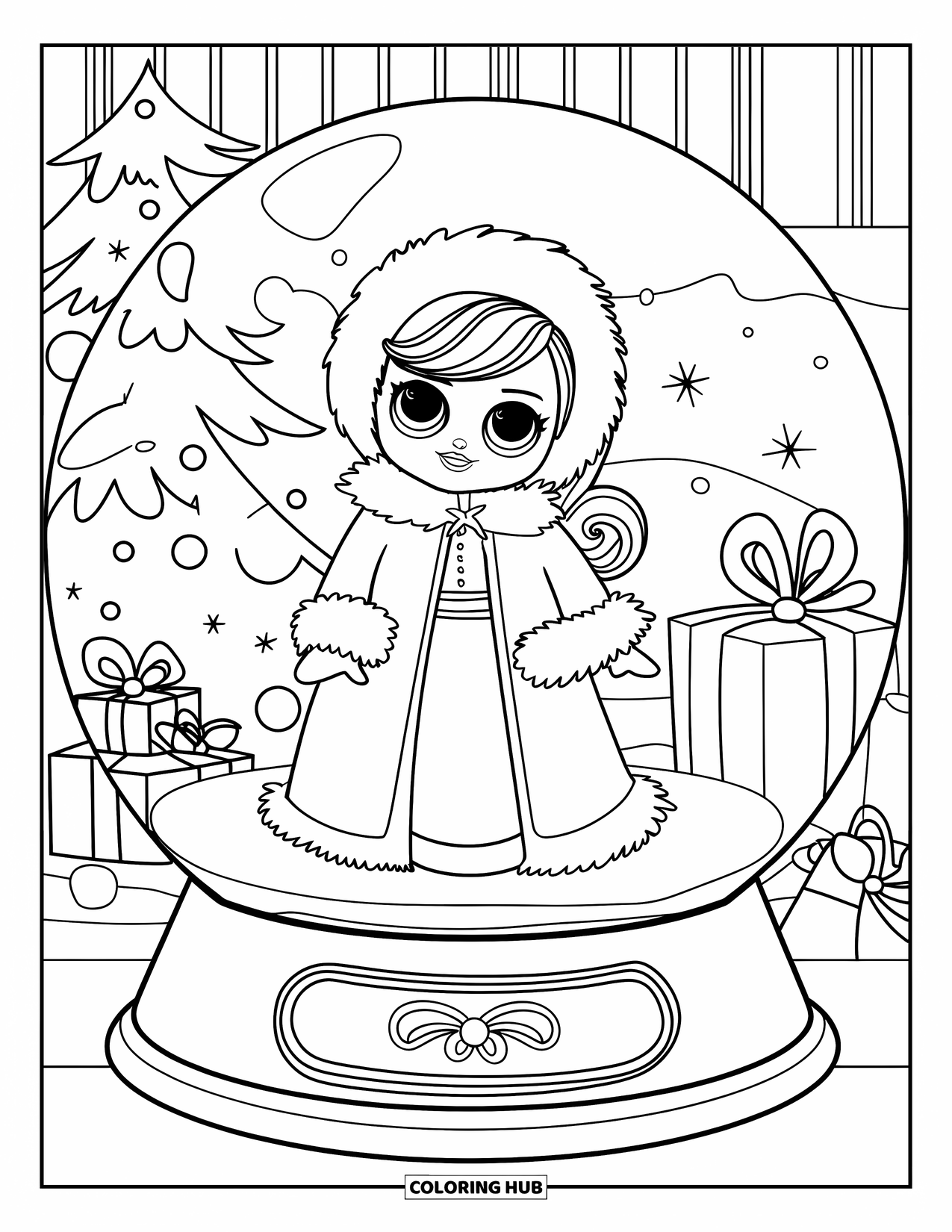 Disegno di una bambola da colorare per bambini: Una bambola invernale in un cappotto di pelliccia è dentro una palla di neve festiva con regali e decorazioni