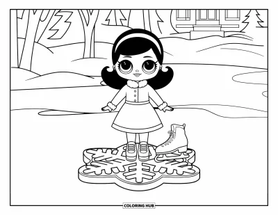 Dibujo para colorear de muñecas para niños: Una muñeca de invierno con patines está de pie sobre una base de copo de nieve en un entorno nevado