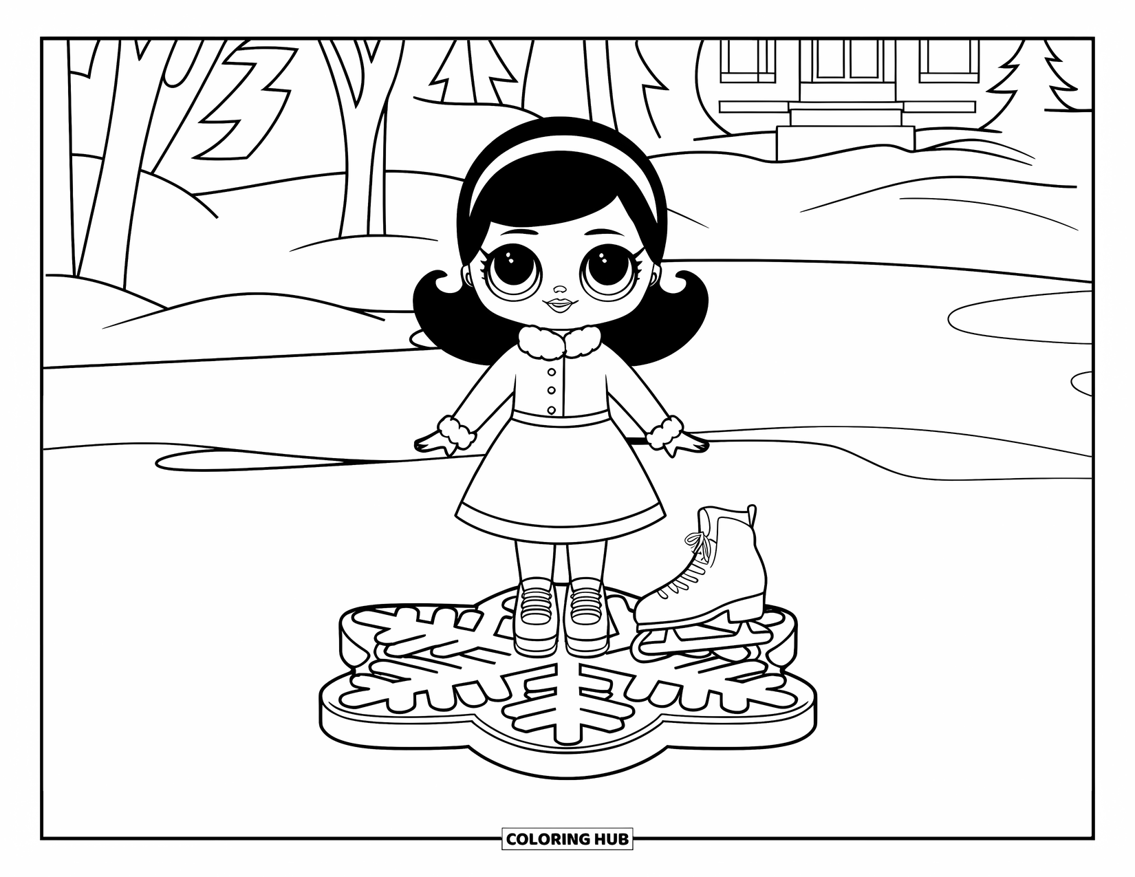 Disegno di una bambola da colorare per bambini: Una bambola invernale sui pattini è in piedi su una base a fiocco di neve in un ambiente innevato
