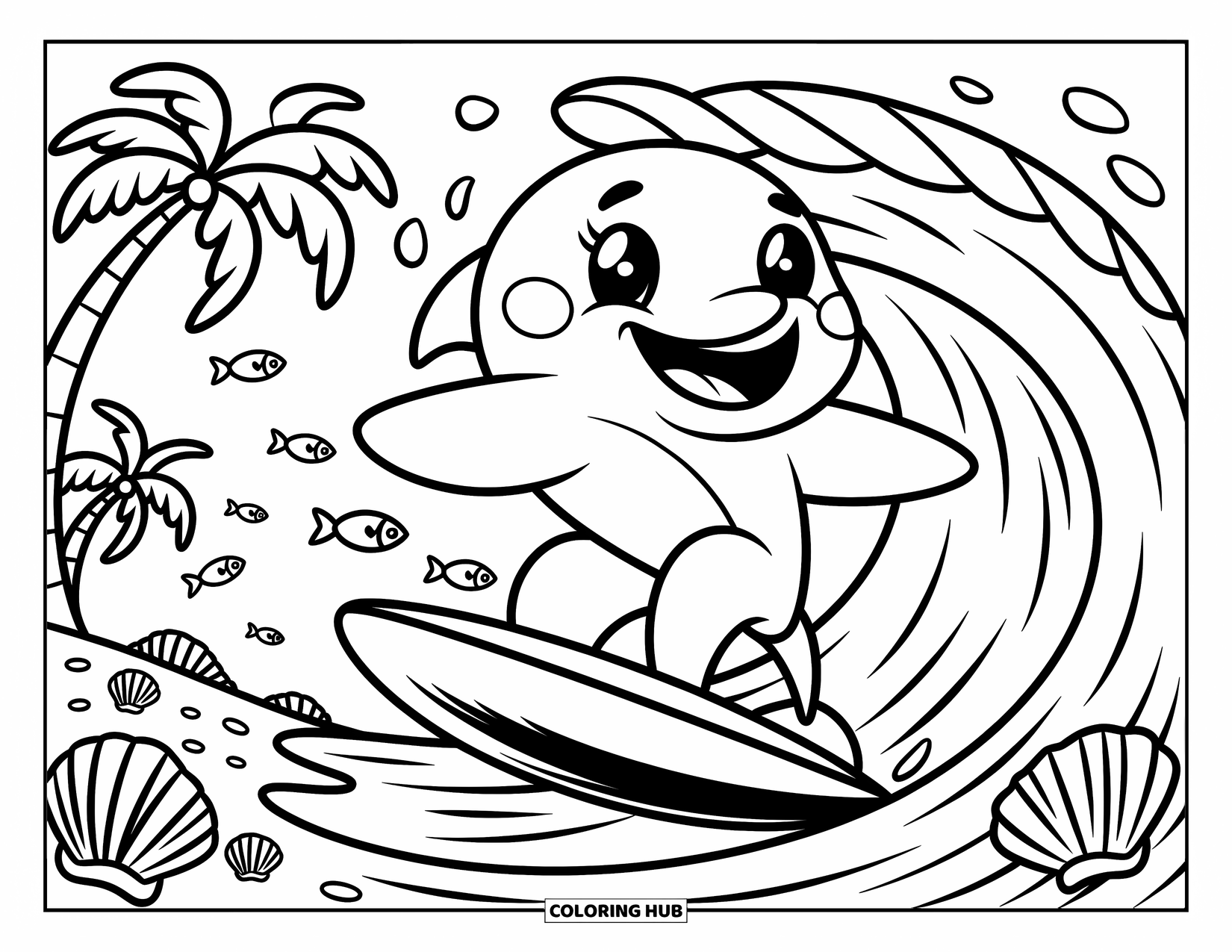 Dolphin Coloring Page for Adults: A cheerful dolphin surfs above playful fish with palm trees in the background