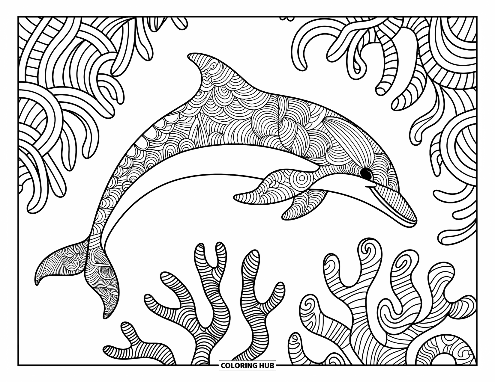 Dolphin Coloring Page for Adults: A dolphin adorned with mosaic patterns glides through swirling floral designs